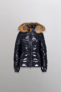 Gertrude Doudoune cintrée avec capuche en fourrure nylon glossy Olga Darknight Fashion