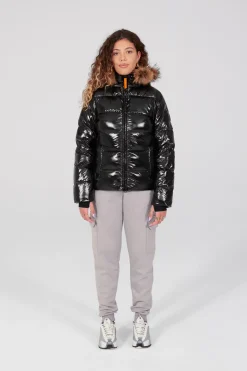 Gertrude Doudoune cintrée avec capuche en fourrure nylon glossy Olga Noir Flash Sale