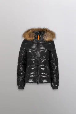 Gertrude Doudoune cintrée avec capuche en fourrure nylon glossy Olga Noir Flash Sale