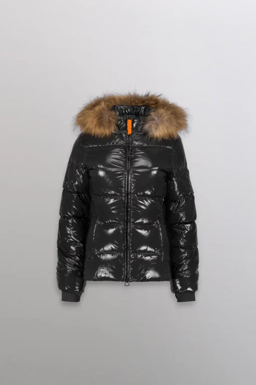 Gertrude Doudoune cintrée avec capuche en fourrure nylon glossy Olga Noir Flash Sale