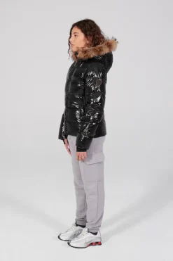 Gertrude Doudoune cintrée avec capuche en fourrure nylon glossy Olga Noir Flash Sale
