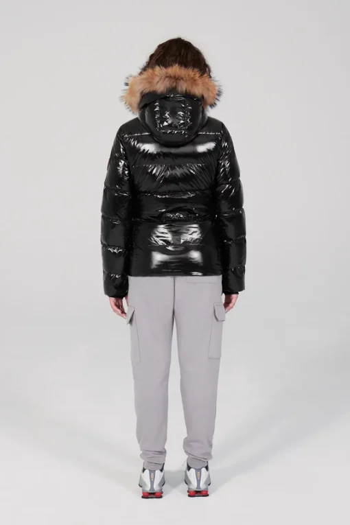 Gertrude Doudoune cintrée avec capuche en fourrure nylon glossy Olga Noir Flash Sale